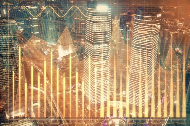 Yüksek binalar arka plan çok pozlama ile şehir scape mali grafik. Analiz kavramı.