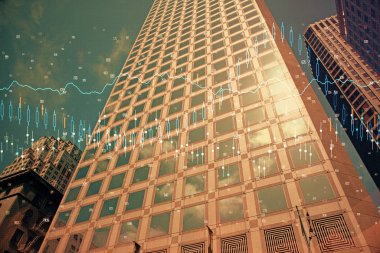 Yüksek binaların arka planında çoklu pozlama olan eski şehir haritası. Finansal araştırma kavramı.