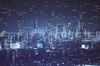 Yüksek binalar arka plan çok pozlama ile gece şehir scape mali grafik. Analiz kavramı.