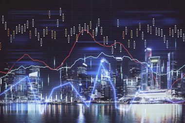 Yüksek binalar arka plan çok pozlama ile şehir scape mali grafik. Analiz kavramı.