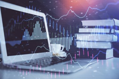 Eski pazar grafiği hologramı ve kişisel bilgisayar geçmişi. Çoklu maruz kalma. Yatırım kavramı.