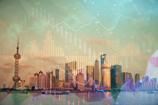 Gökdelenler arka planda çift pozlama ile şehir görünümünde eski grafik. Mali analiz kavramı.