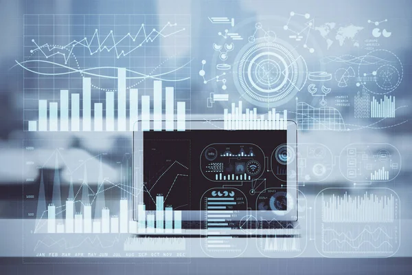 Gráfico de mercado de ações em segundo plano com mesa e computador pessoal. Dupla exposição. Conceito de análise financeira. — Fotografia de Stock