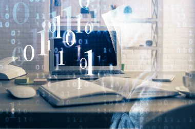 Teknoloji temalı çizim ve bilgisayarlı masa. Çoklu maruz kalma. Bilgi kavramı.