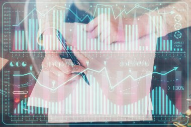 Not defteri 'nde el notu almak. Ön Forex grafik hologramlar. Araştırma kavramı. Çoklu pozlama