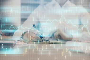 Finansal grafik el notları arka plan alarak üzerinde çizilmiş. Araştırma kavramı. Çoklu pozlama