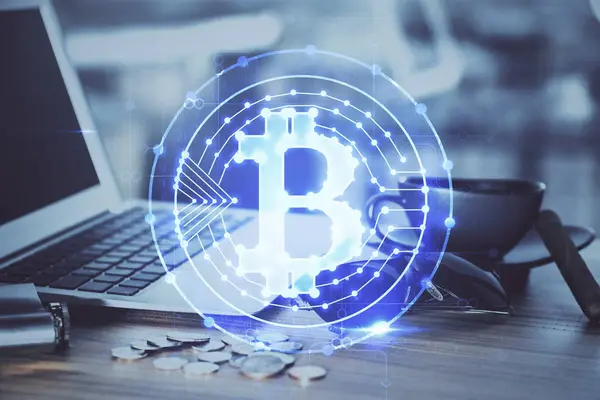 Double exposure of blockchain theme hologram and table with computer background. Concept of bitcoin crypto currency. — Stock Photo, Image