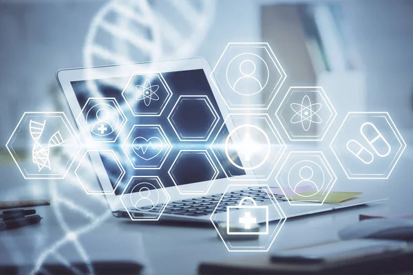 Desktop computer achtergrond en DNA tekening. Dubbele belichting. Wetenschapsconcept. — Stockfoto