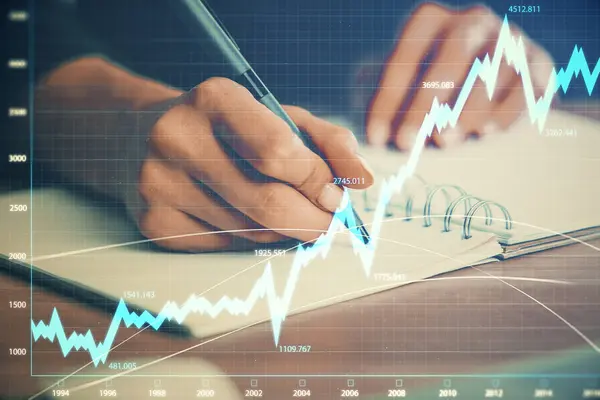 Grafico Forex a portata di mano prendendo appunti di sfondo. Concetto di ricerca. Doppia esposizione — Foto Stock