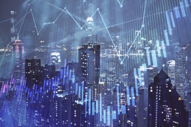 Cityscape arka plan üzerinde forex grafik çizimleri çift pozlama. Başarı kavramı.