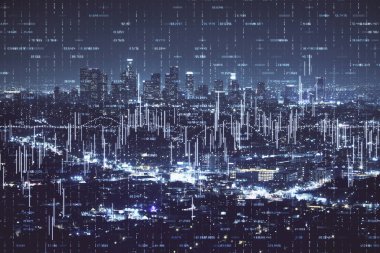 Yüksek binalar arka plan çok pozlama ile gece şehir scape mali grafik. Analiz kavramı.