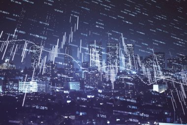 Yüksek binalar arka plan çok pozlama ile gece şehir scape mali grafik. Analiz kavramı.