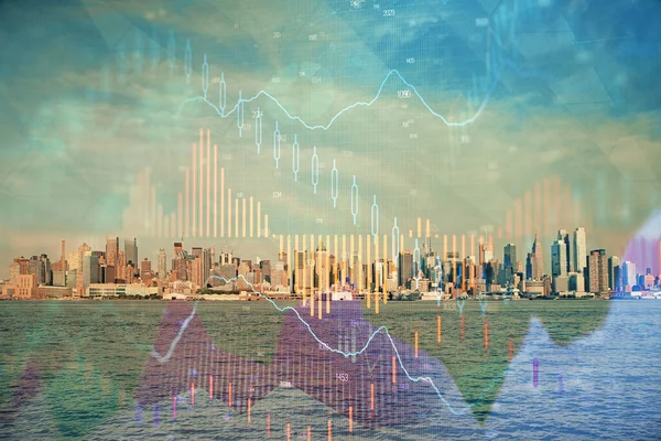 Gráfico Forex en vista de la ciudad con rascacielos fondo doble exposición. Concepto de análisis financiero . —  Fotos de Stock