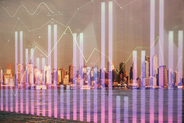 Forex chart on cityscape with tall buildings background multi exposure. Financial research concept.