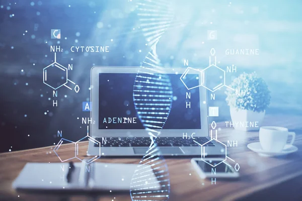 Desktop-Computer Hintergrund und DNA-Zeichnung. Doppelbelichtung. Wissenschaftskonzept. — Stockfoto