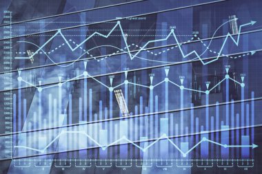 Yüksek binaların arka planında çoklu pozlama olan eski şehir haritası. Finansal araştırma kavramı.