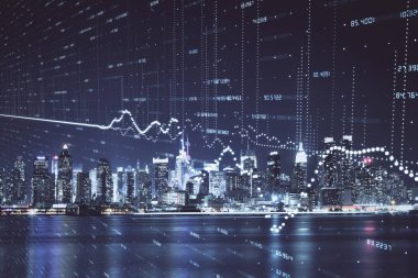 Yüksek binalar arka plan çok pozlama ile gece şehir scape mali grafik. Analiz kavramı.
