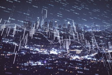 Yüksek binalar arka plan çok pozlama ile gece şehir scape mali grafik. Analiz kavramı.