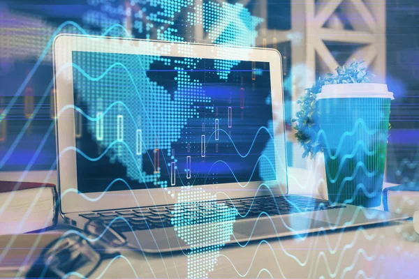 Forex market graph hologram and personal computer on background. Double exposure. Concept of investment. — Stock Photo, Image