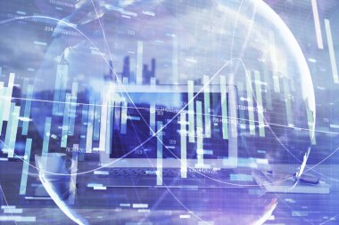 İş teması simgelerinin çoklu pozlandırılması ve bilgisayar geçmişi olan çalışma alanı. Başarı kavramı.