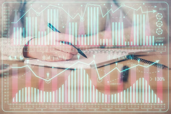 Hands writing information about stock market in notepad. Forex chart holograms in front. Concept of research. Multi exposure — Stock Photo, Image
