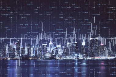 Yüksek binalar arka plan çok pozlama ile gece şehir scape mali grafik. Analiz kavramı.