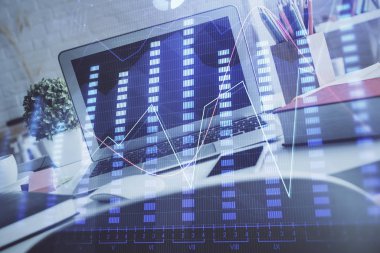 Finansal grafik renkli çizimler ve arka planda bilgisayar olan tablolar. Çoklu maruz kalma. Uluslararası pazarlar kavramı.