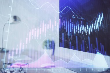 Bilgisayar geçmişi olan eski grafik hologramı. Çoklu maruz kalma. Finans piyasası kavramı.