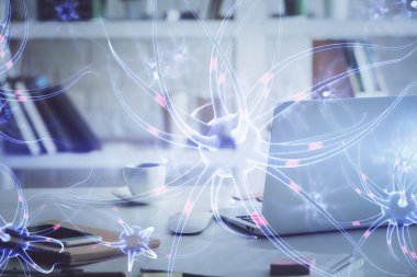 Masaüstü bilgisayar arkaplanı ve nöron çizimi. Çifte maruziyet. Eğitim kavramı.