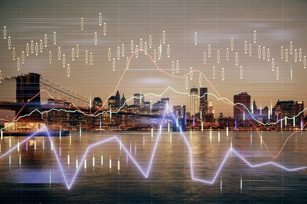 Gráfico financiero sobre paisaje nocturno de la ciudad con altos edificios de doble exposición de fondo. Concepto de análisis . —  Fotos de Stock