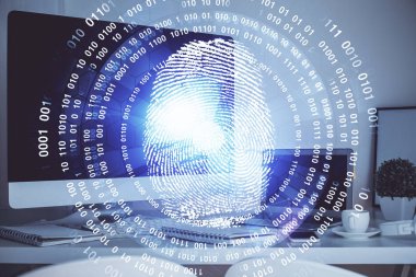 Ofisteki bilgisayarın parmak izi çizimi. Çifte maruziyet. İş veri güvenliği kavramı.