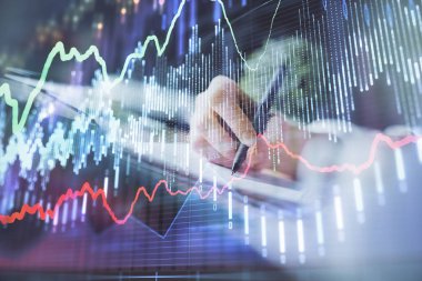 Finansal Forex grafik eller notları arka plan alarak görüntülenir. Araştırma kavramı. Çoklu pozlama
