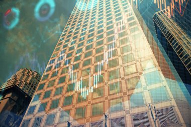 Yüksek binaların arka planında çoklu pozlama olan eski şehir haritası. Finansal araştırma kavramı.