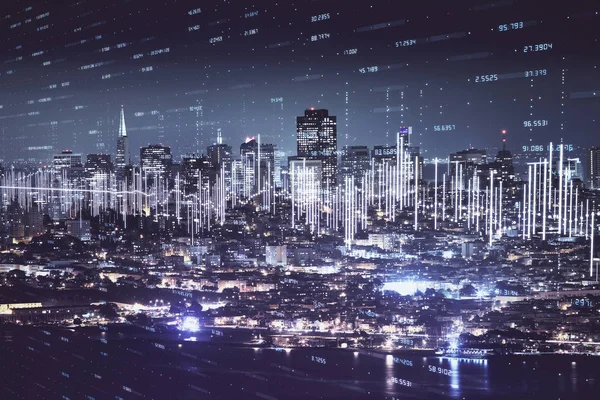 Financiële grafiek op Night City Scape met hoge gebouwen achtergrond dubbele belichting. Analyse concept. — Stockfoto
