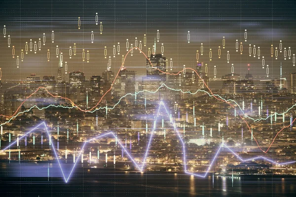 Gráfico financiero sobre paisaje nocturno de la ciudad con altos edificios de doble exposición de fondo. Concepto de análisis . —  Fotos de Stock