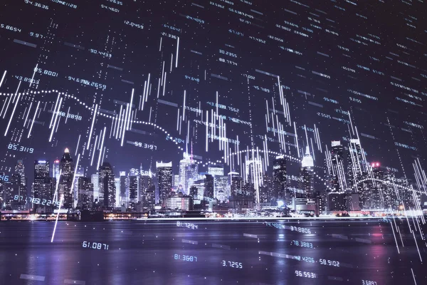 Gráfico financiero sobre paisaje nocturno de la ciudad con edificios altos de fondo multi exposición. Concepto de análisis . — Foto de Stock