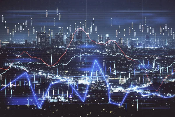 고층 건물 배경 다중 노출와 밤 도시 풍경에 금융 그래프. 분석 개념. — 스톡 사진