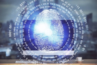 Ofisteki bilgisayarın parmak izi çizimi. Çifte maruziyet. İş veri güvenliği kavramı.