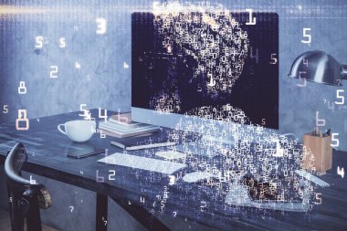 Bilgisayar, teknoloji temalı hologramla birlikte ofiste. Çoklu maruz kalma. Teknoloji kavramı.
