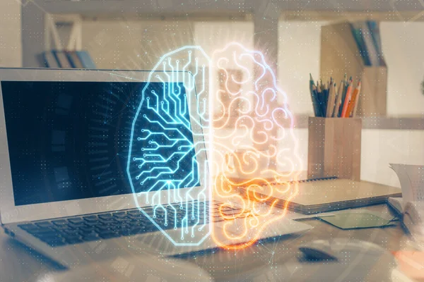 Doble exposición de la mesa de trabajo con el holograma de la computadora y del cerebro. Concepto de lluvia de ideas . —  Fotos de Stock