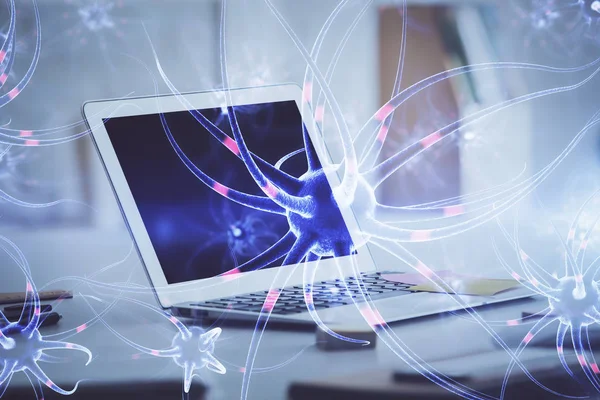 Masaüstü bilgisayar arkaplanı ve nöron çizimi. Çifte maruziyet. Eğitim kavramı.