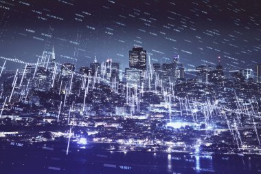 Yüksek binalar arka plan çift pozlama ile gece şehir scape mali grafik. Analiz kavramı.