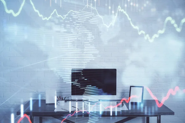 Forex Chart hologram on table with computer background. Multi exposure. Concept of financial markets. — Stock Photo, Image