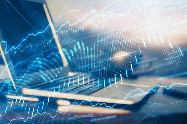 Doble exposición de gráfico e información financiera y espacio de trabajo con fondo informático. Concepto de comercio internacional en línea. — Foto de Stock