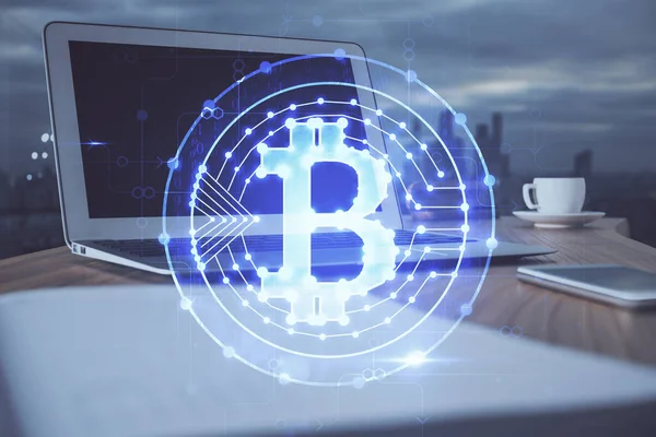 Double exposure of blockchain theme hologram and table with computer background. Concept of bitcoin crypto currency. — Stock Photo, Image