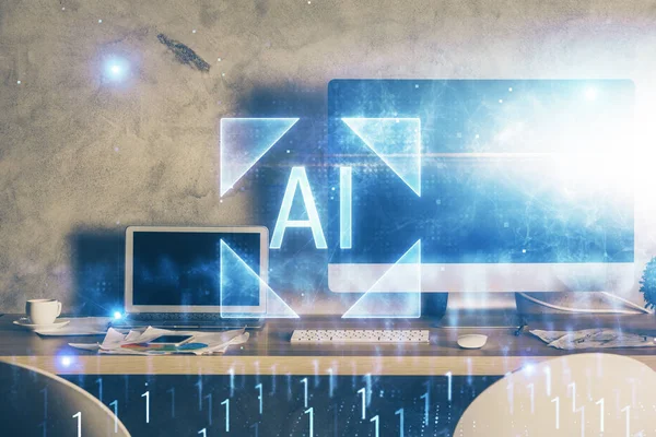 Teknoloji temalı çizim ve bilgisayarla çalışma alanı. Çoklu maruz kalma. Yenilik kavramı.