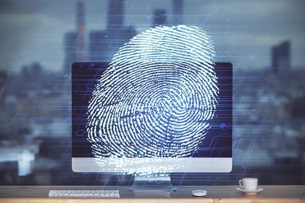 Computer on desktop in office with finger print drawing. Double exposure. Concept of business data security. — Stock Photo, Image