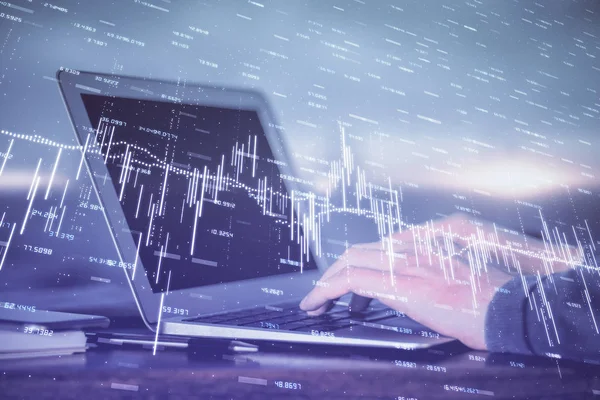 Double exposure of stock market graph with man working on laptop on background. Concept of financial analysis. — Stock Photo, Image