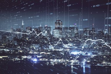 Yüksek binalar arka plan çift pozlama ile gece şehir scape mali grafik. Analiz kavramı.