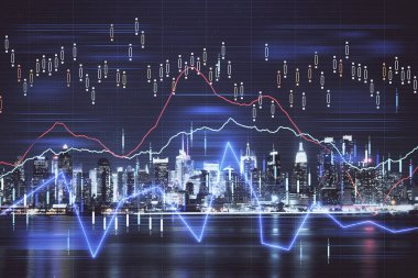 Yüksek binalar arka plan çok pozlama ile gece şehir scape mali grafik. Analiz kavramı.